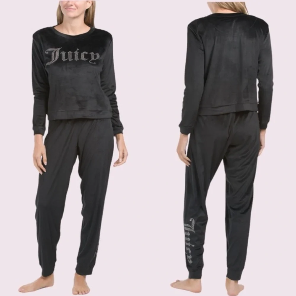Juicy Couture Sleepwear Velour Rhinestone Long Sleeve & Pants Set in Black